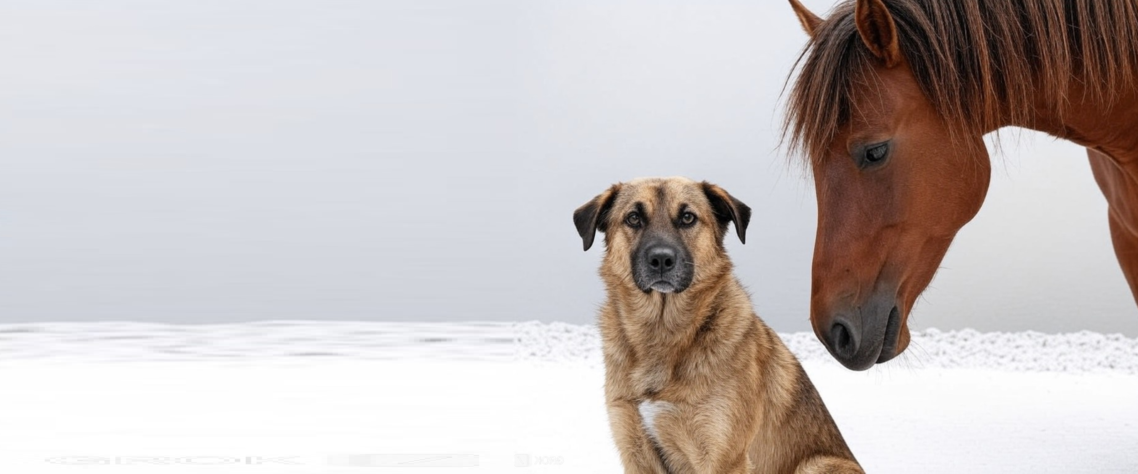 A dog and horse looking towards you while sitting on snow